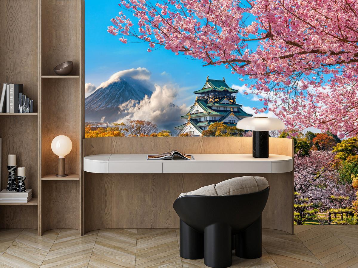 FOTOTAPETE für Wohnzimmer Kirschblüten Osaka Burg Japan Berge Bäume 350x256 - Gelb/Rosa, Papier (350/256cm) - Muralo