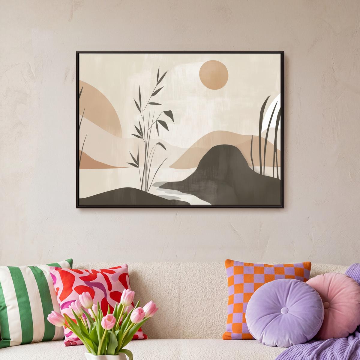 LEINWAND Bilder mit Rahmen - Japandi - Landschaft - Beige - 80x60 - Cognac, Textil (80/60cm) - MuchoWow