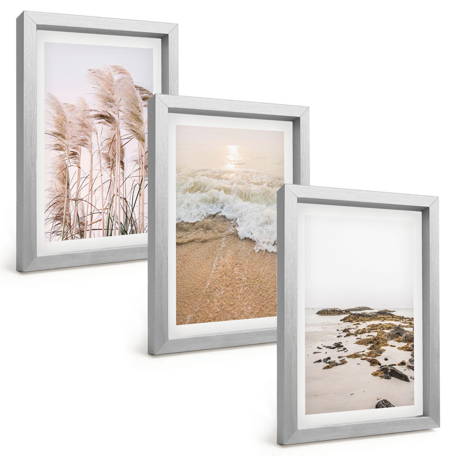 BILDER SET 3er Set - 20x30 cm Silberner Rahmen - Strandgras, Wellen, Steine, Boho-Stil - Silberfarben, Kunststoff (20/30cm) - TULUP