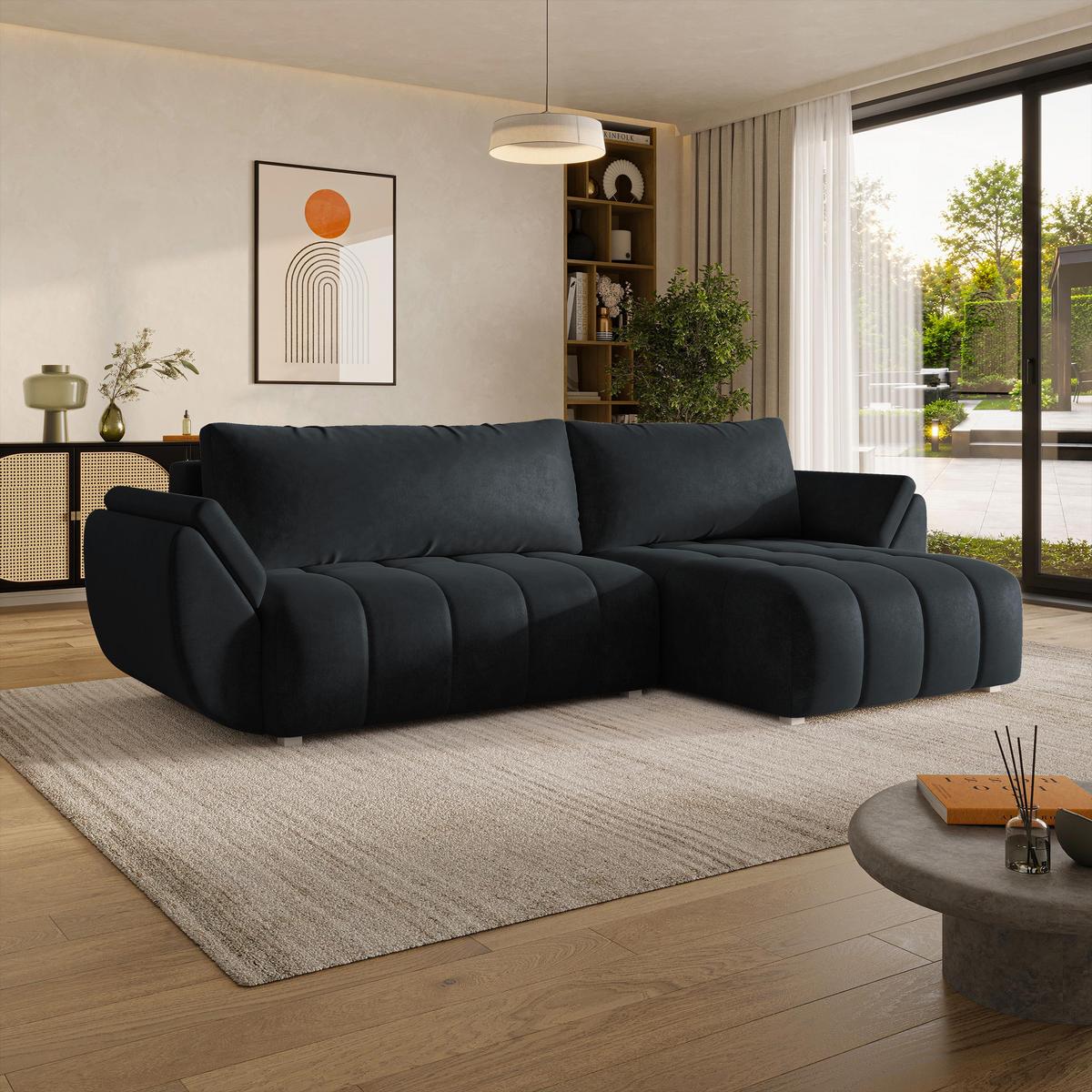 ECKSOFA OLSI Schwarz Velours-Stoff mit Schlaffunktion - Schwarz, Holz (285/148cm) - MASSENO