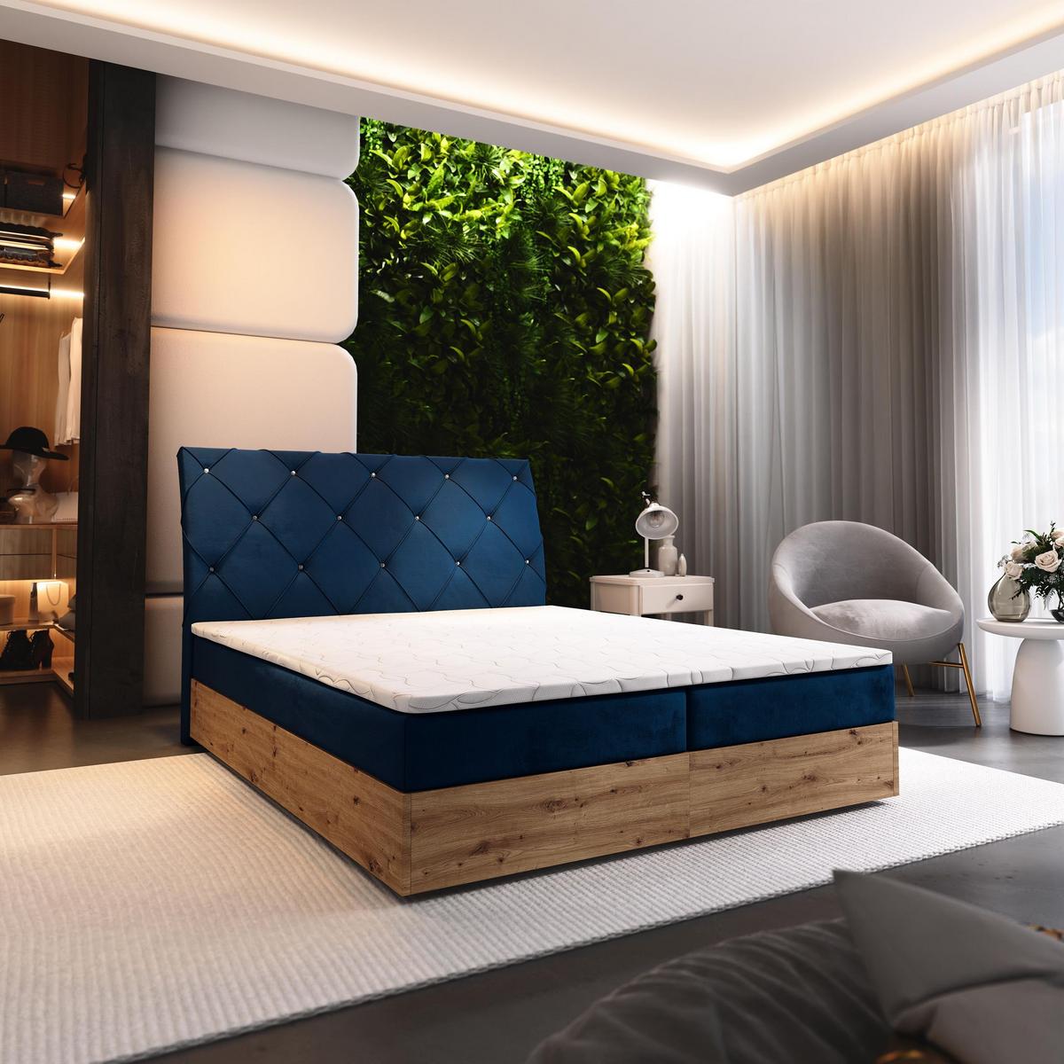 BOXBETT VELLANO 160x200 cm mit Matratze und Topper - Blau - Blau, Holz (160/200cm) - MASSENO