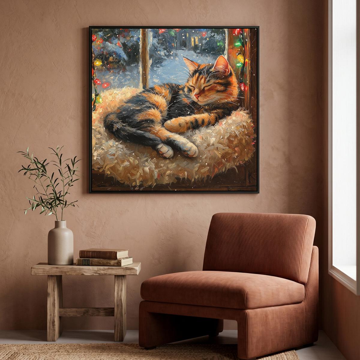 LEINWAND Bilder mit Rahmen - Katze - Weihnachten - Winter - Tier - 90x90 - Bernsteinfarben, Textil (90/90cm) - MuchoWow