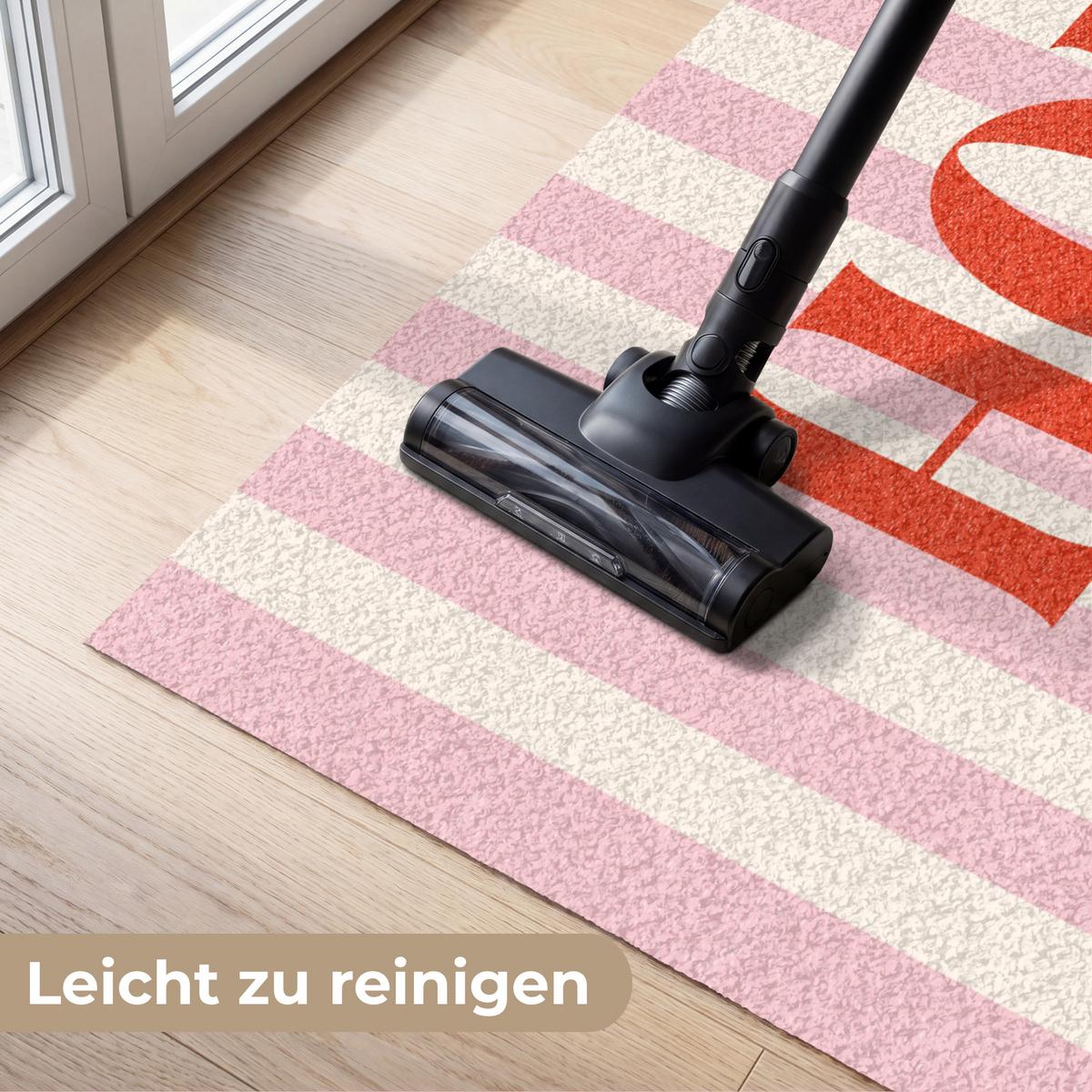 FUSSMATTE Hola - Zitat - Streifen - Pastell - Rosa - Rot - Weiß Schmutzfangmatte 150x90 cm - Rosa, Kunststoff (150/0.4cm) - MuchoWow