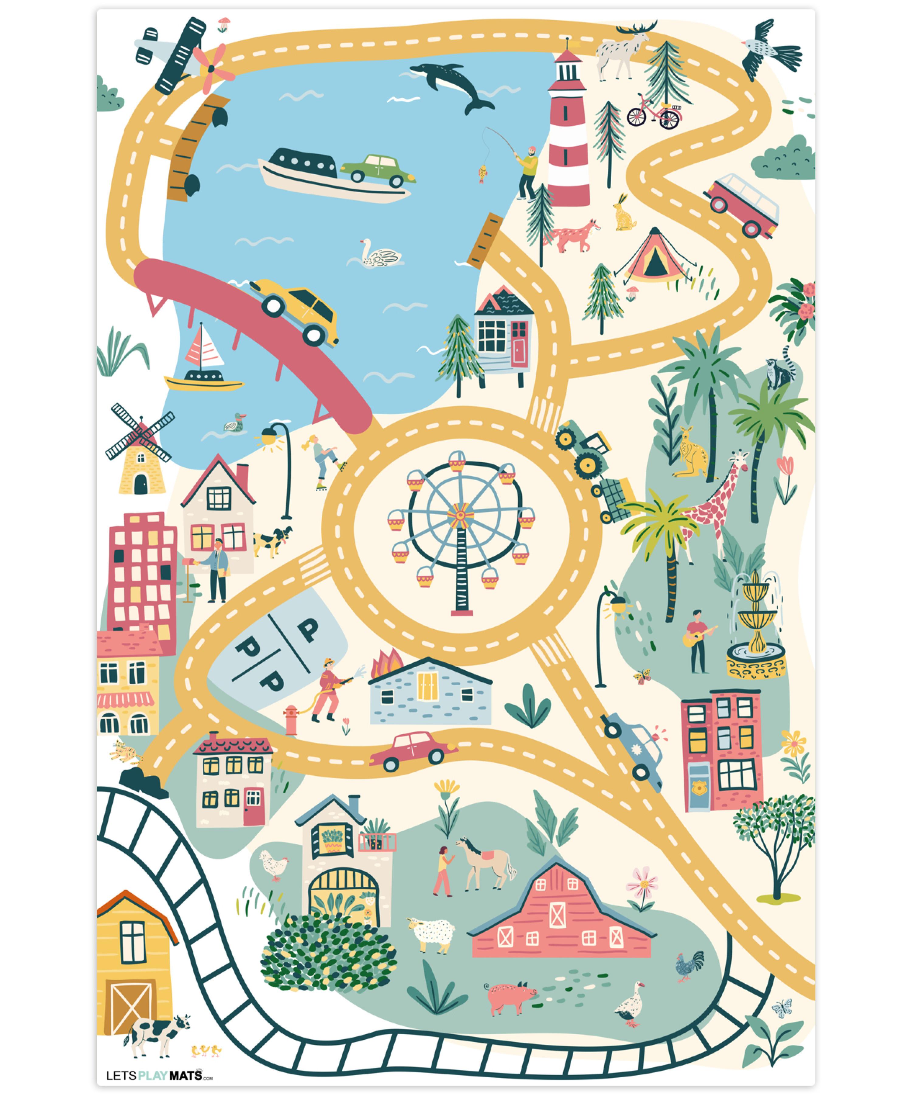 KINDERTEPPICH Riesenrad - Stadt - Tiere - Auto - Kinder Spielmatte 120x180 cm - Multicolor, Kunststoff (120/0.3cm) - OnlyWow