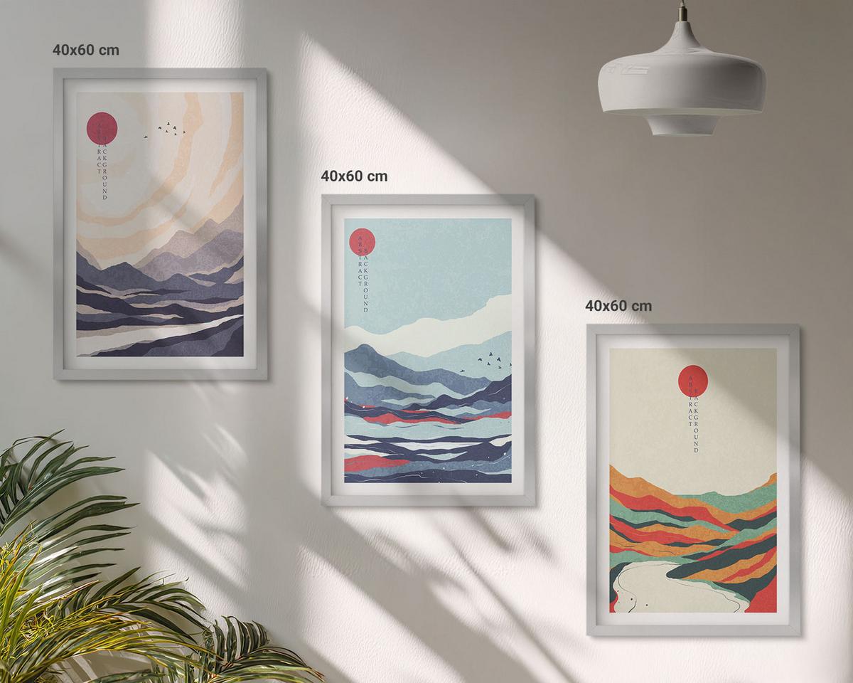 BILDER SET 3er Set - 40x60 cm Silberner Rahmen - Japanische Bergabstraktionen - Silberfarben, Kunststoff (40/60cm) - TULUP