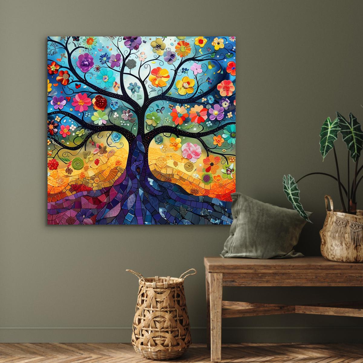 METALLBILD Kunst - Baum des Lebens - Blumen - Hippie 90x90 cm - Dunkelblau, Metall (90/90cm) - MuchoWow