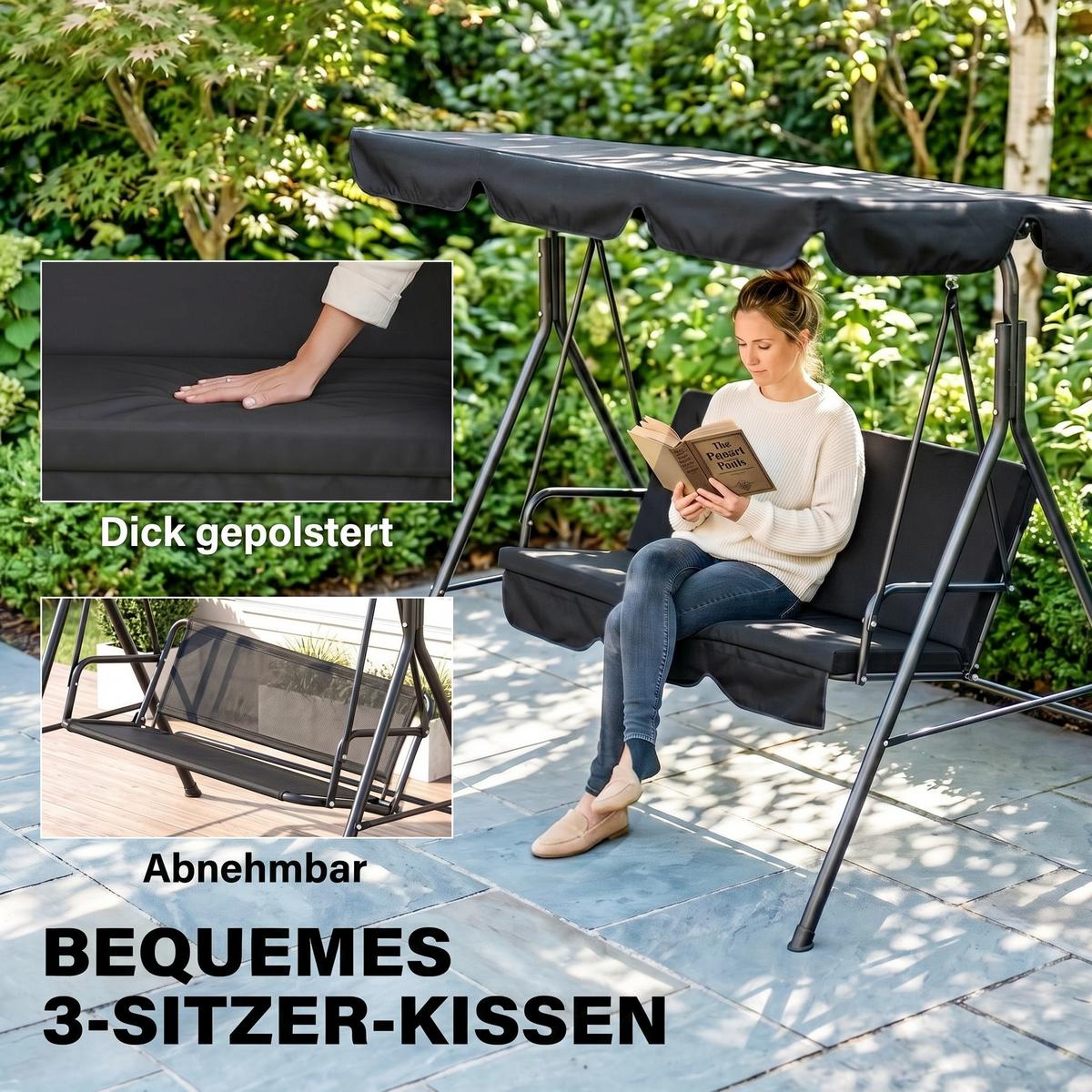 HOLLYWOODSCHAUKEL, 3-Sitzer, Stahl, Schwarz, 172 x 110 x 153 cm - Schwarz, Metall (110/153/172cm) - Outsunny
