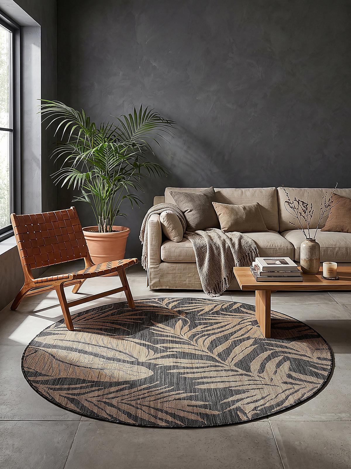 TEPPICH Flachgewebe, Outdoor, Fußbodenheizung-geeignet, mit Blattmotiv, VIGOLENO in Schwarz-Beige, Ø 120 cm - Schwarz, Textil (120/120cm) - KADIMA DESIGN