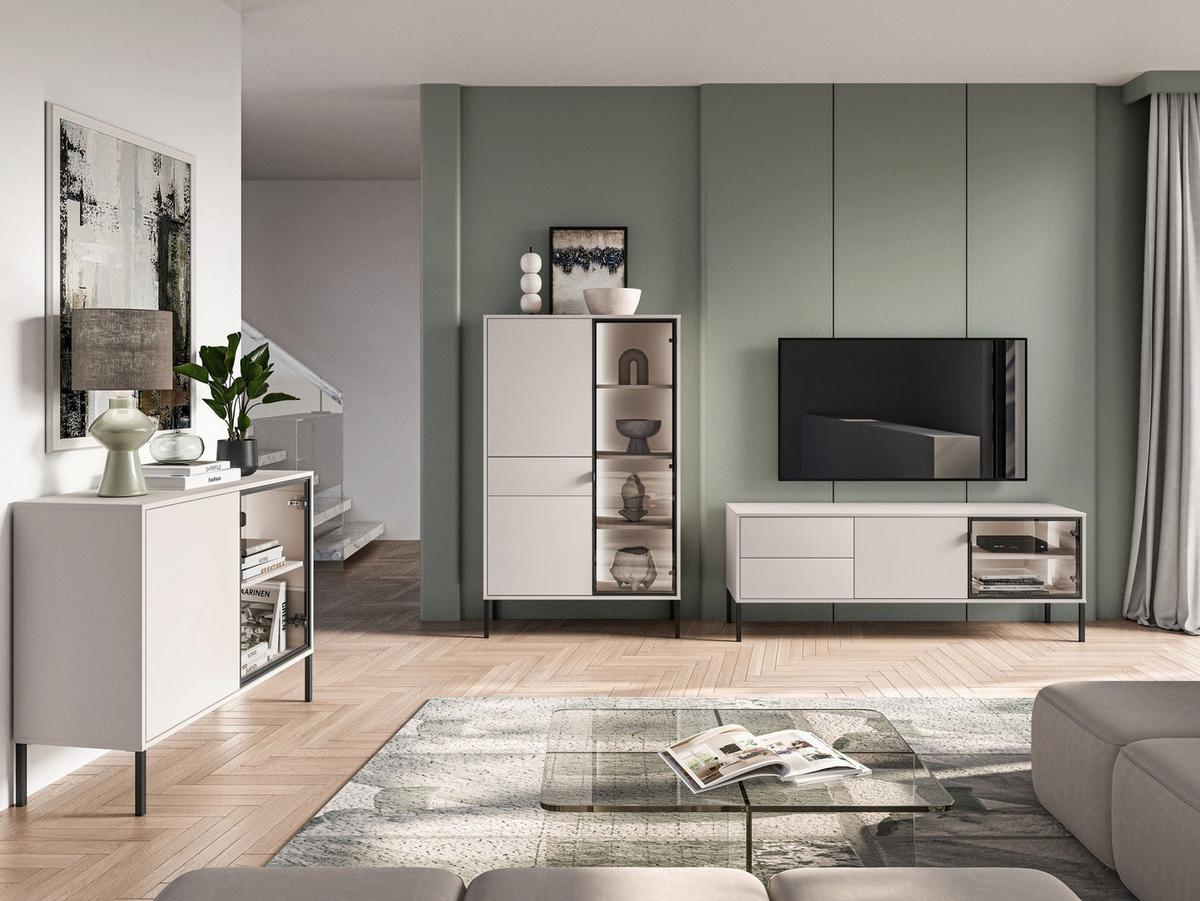 VITRINE Barnee 3-türig Kaschmirgrau, 92 cm - Taupe/Schwarz, Holzwerkstoff/Metall (150/91.6/40cm) - Selsey