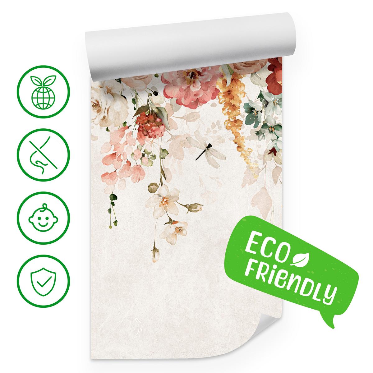 FOTOTAPETE für Esszimmer Aquarellblumen Blätter Pflanzen Pfingstrosen Rosen 450x315 - Multicolor, Papier (450/315cm) - Muralo