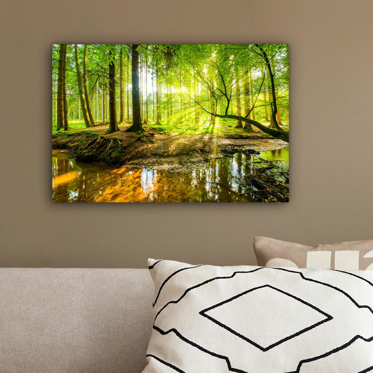 LEINWANDBILD Wald - Landschaft - Wasser - Bäume - Sonne - Grün - Natur Deko Schlafzimmer 30x20 cm - Grün, Textil (30/20cm) - MuchoWow