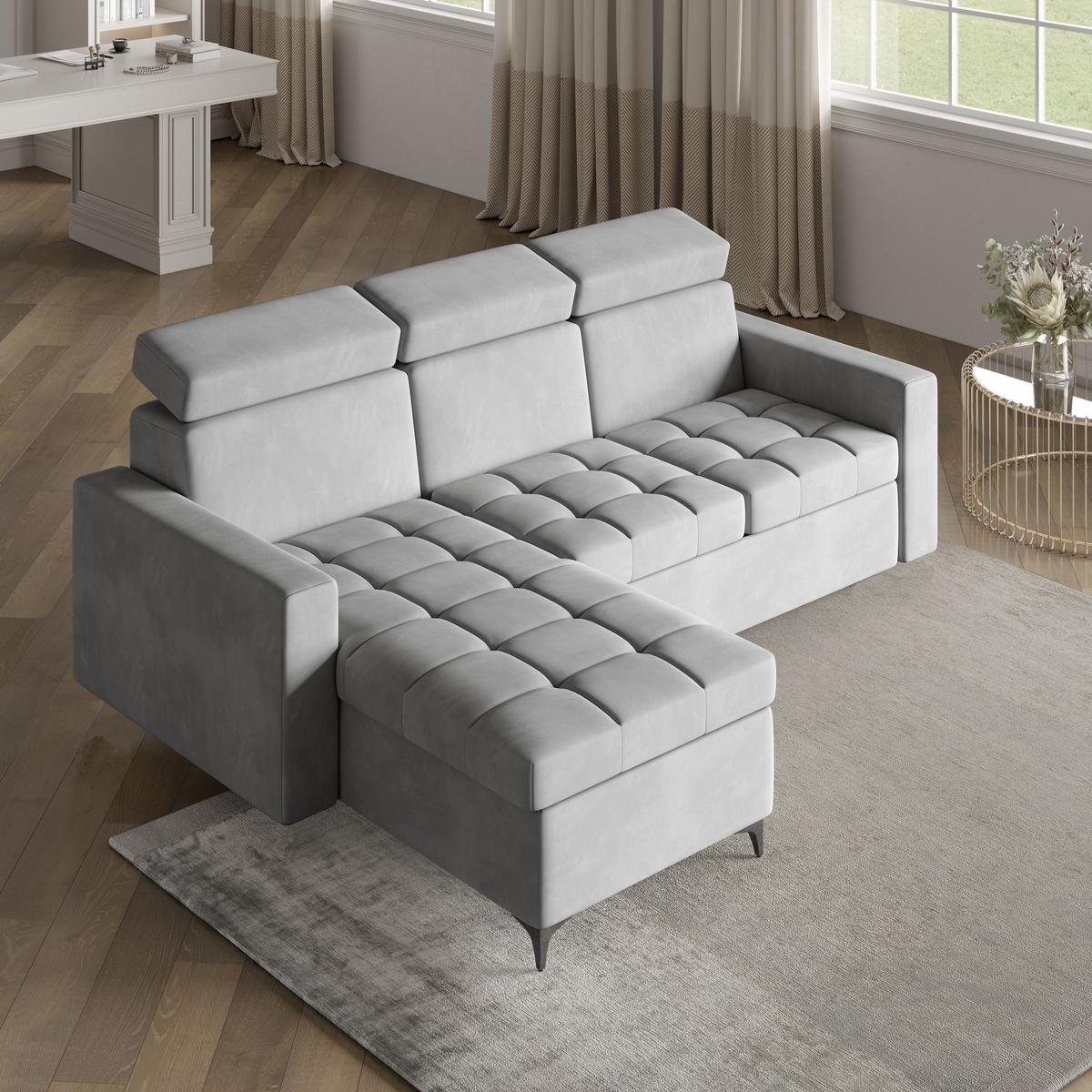ECKSOFA KAME Hellgrau Plüsch-Stoff mit Schlaffunktion - Hellgrau/Schwarz, Holz/Textil (227/168cm) - MASSENO