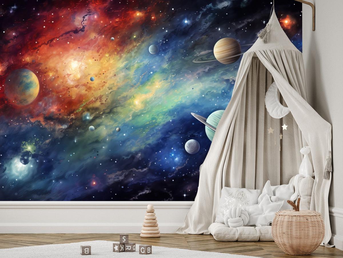 FOTOTAPETE für Jugendzimmer Aquarell Galaxie Planeten Sterne 350x256 - Blau/Gelb, Papier (350/256cm) - Muralo