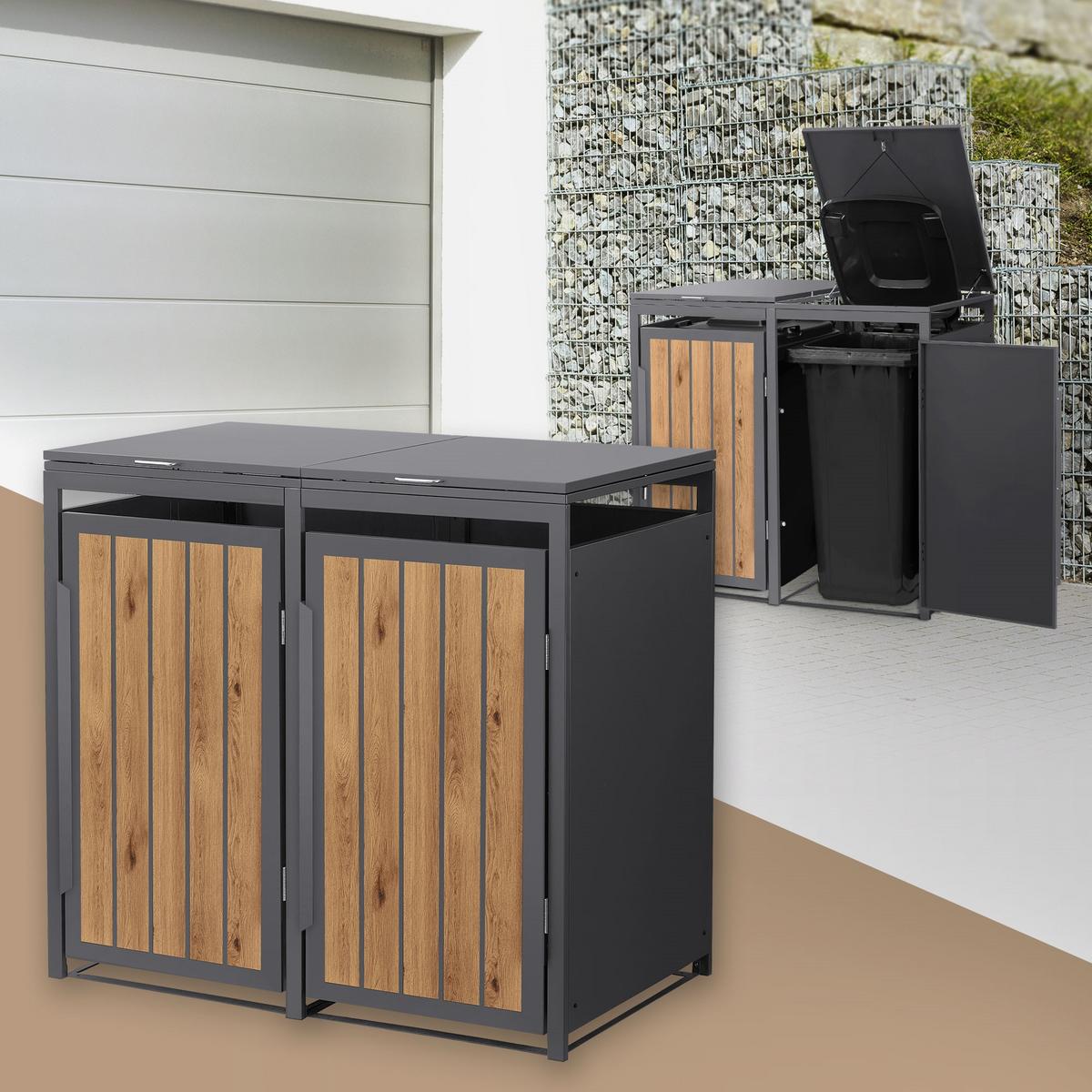 MÜLLTONNENBOX 2er 240L 132x80x120 cm Anthrazit-Eiche hell aus Stahl - Hellbraun, Metall (80/120/132cm) - ML-DESIGN