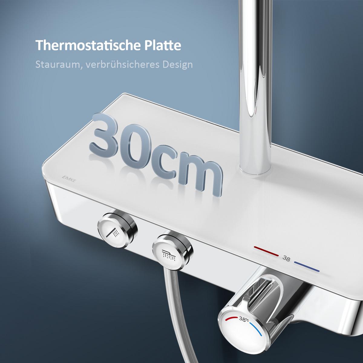 ÜBERKOPFBRAUSESET mit Thermostat, Kopfbrause und 3 Strahlarten Handbrause, Chrom, 114,2/30,3/46 cm - Chromfarben, Metall (30.3/114.2/46cm) - EMKE