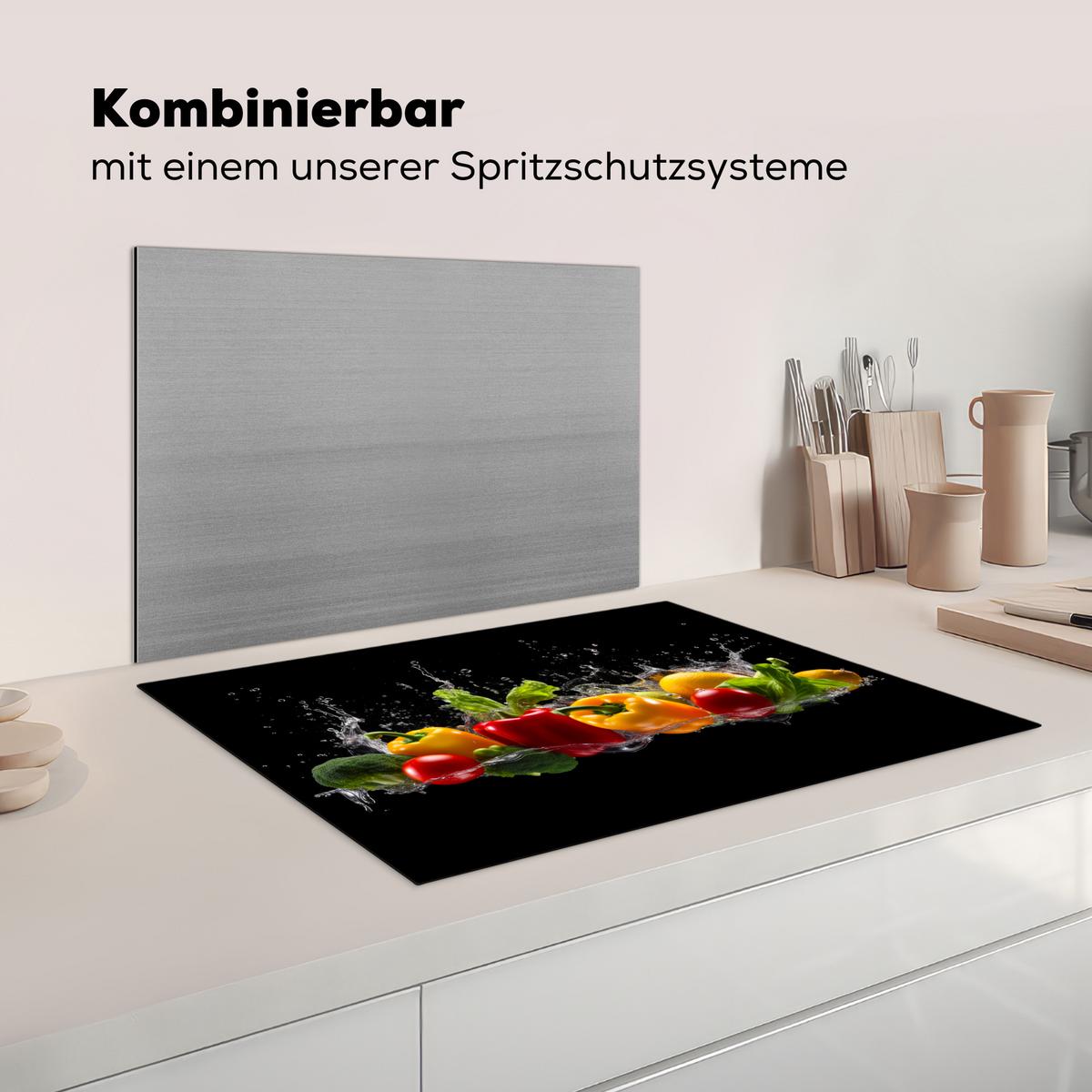 HERDABDECKPLATTE Paprika - Wasser - Gemüse - Schwarz Herdabdeckung Induktionsfeld 75x52 cm - Multicolor, Kunststoff (75/52/0.2cm) - MuchoWow