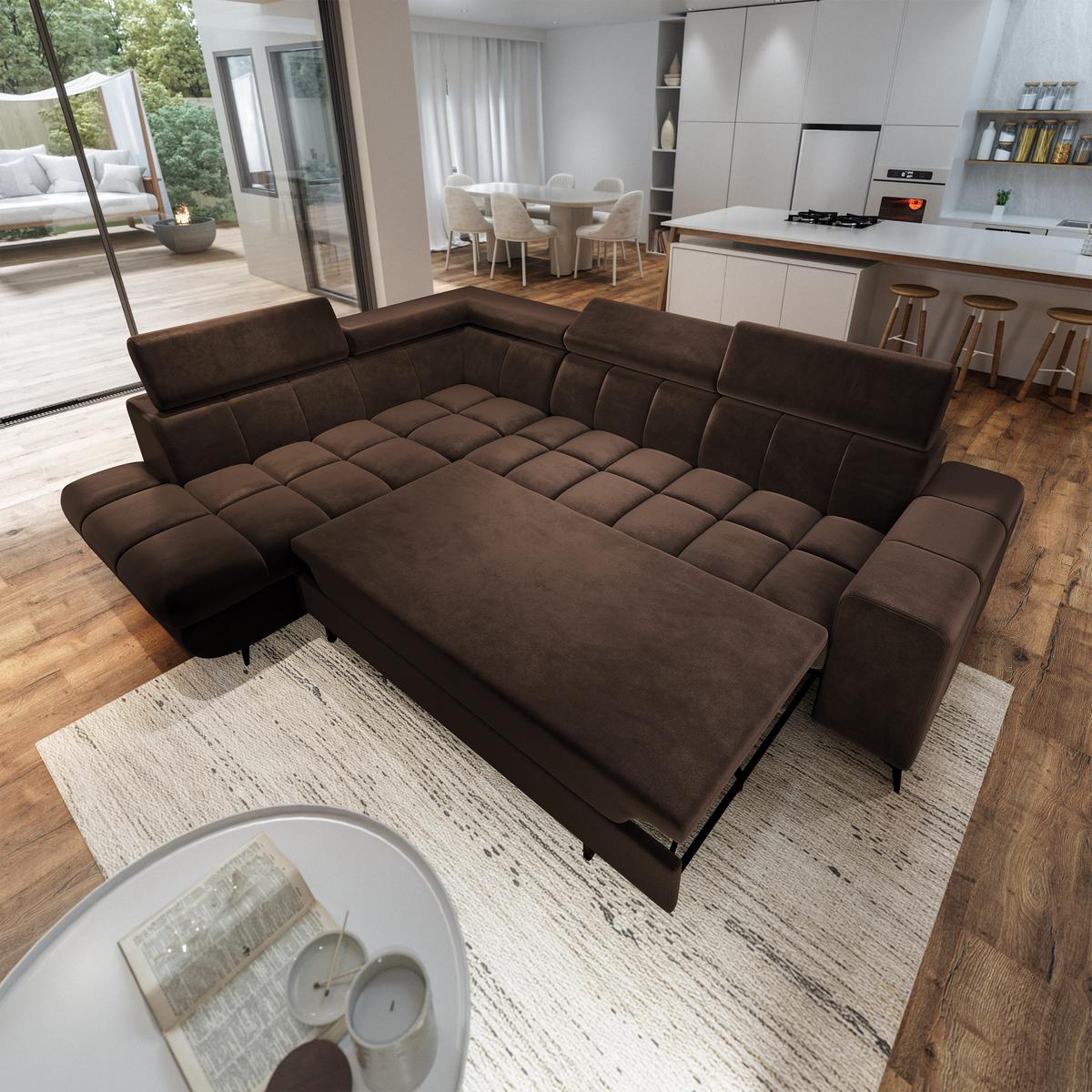 ECKSOFA MORIVA L-S Braun Velours-Stoff mit Schlaffunktion - Braun, Holz (253/190cm) - MASSENO