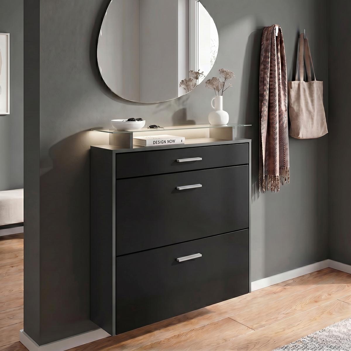 SCHUHSCHRANK Malea Fronten in Schwarz matt - Schwarz, Holzwerkstoff (89/96/23cm) - Vladon