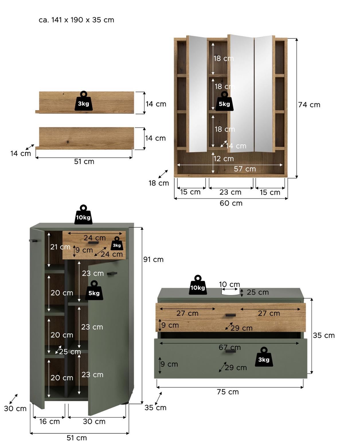BADMÖBEL-SET grün, Evoke Eiche 5-teilig 141 cm, Komplettset in modernem Design - Eichefarben/Schwarz, Glas/Holzwerkstoff (141/191/35cm) - Inn.Furn