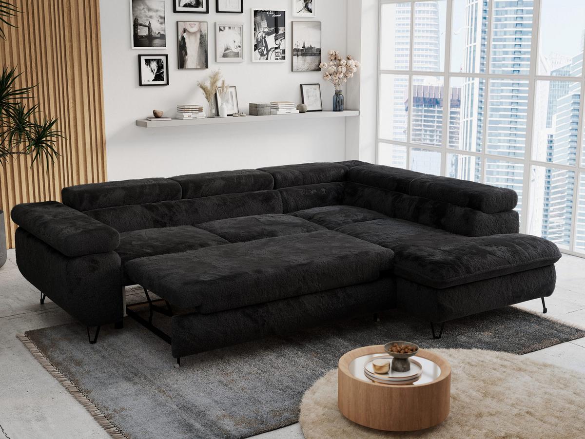 ECKSOFA PETER L Schwarz Plüsch - Rechts Seite - Schwarz, Textil/Metall (273/208cm) - MKS