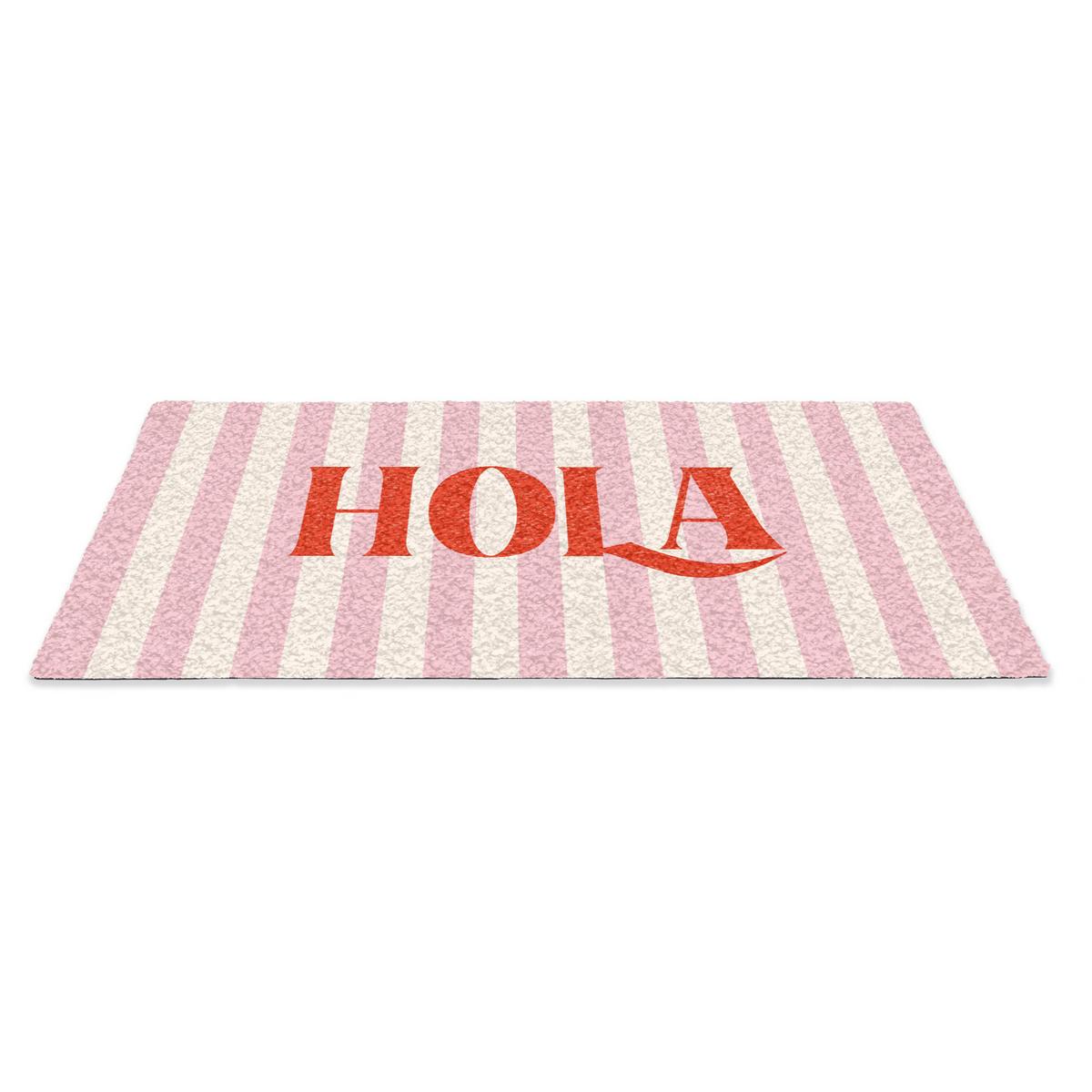 FUSSMATTE Hola - Zitat - Streifen - Pastell - Rosa - Rot - Weiß Schmutzfangmatte 60x40 cm - Rosa, Kunststoff (60/0.4cm) - MuchoWow