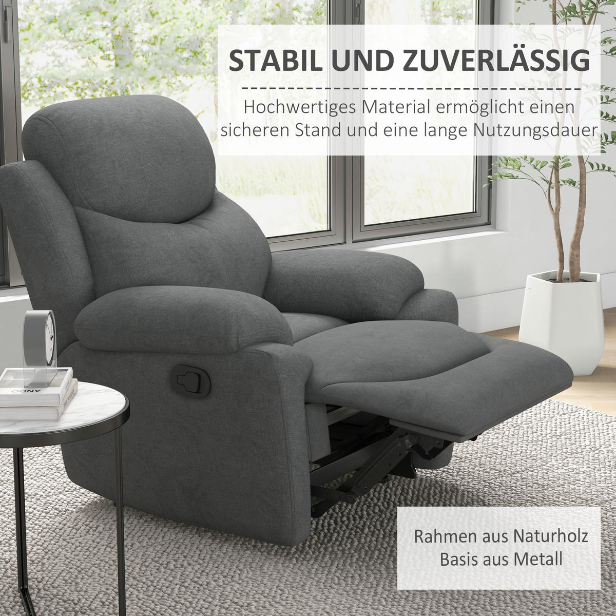RELAXSESSEL, Fernsehsessel mit Liegefunktion, Liegesessel mit Leinenoptik, Grau - Schwarz/Grau, Textil/Metall (88/102/93cm) - HOMCOM