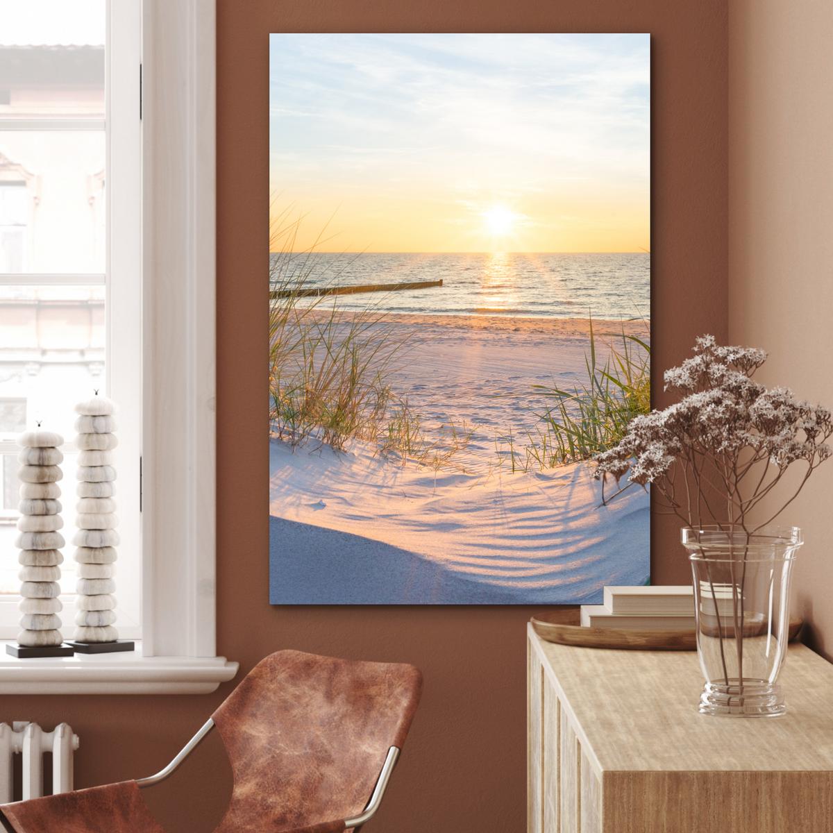 METALLBILD Strand - Sonne - Düne - Gras - Sand - Horizont 80x120 cm - Hellblau, Metall (80/120cm) - MuchoWow