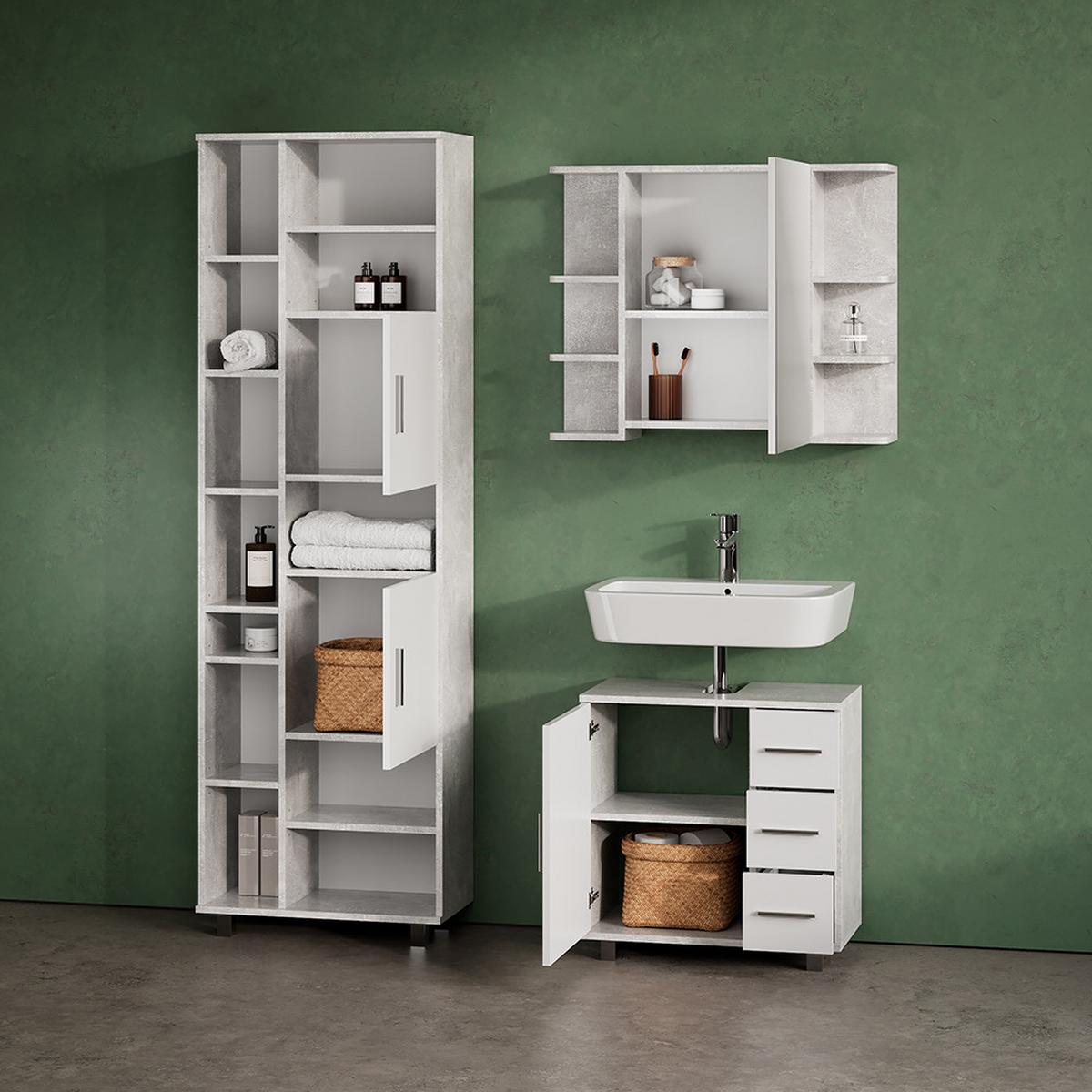 BADSCHRANK Eisak Beton 60 x 190 cm - Grau, Holzwerkstoff (60/190/30cm) - Livinity®