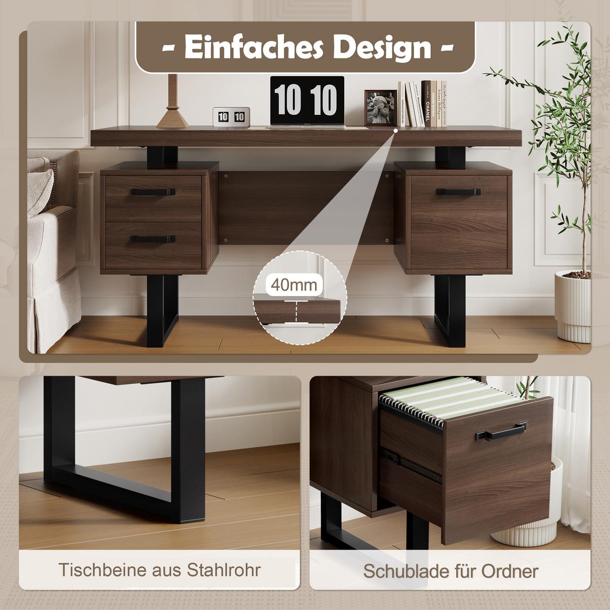 BÜROSCHREIBTISCH braun-schwarz, Stahlgestell, 3 Schubladen - Walnussfarben, Holzwerkstoff (54/135/76cm) - Urban Meuble