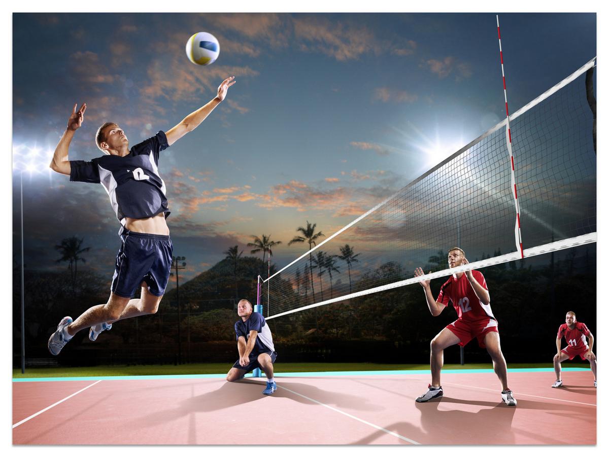 FOTOTAPETE für Jugendzimmer Volleyball Strand Tropen Match Spieler Palmen 300x210 - Rot/Schwarz, Papier (300/210cm) - Muralo
