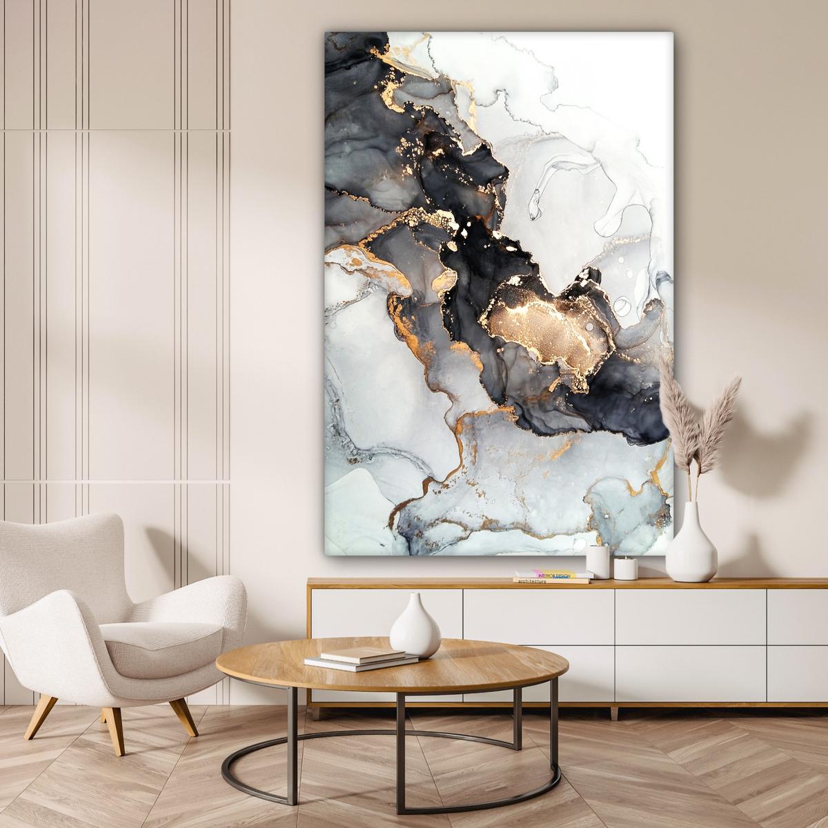 LEINWANDBILD Marmor - Schwarz - Weiß - Gold - Luxus - Abstrakt Deko Groß 90x140 cm - Goldfarben, Textil (90/140cm) - MuchoWow