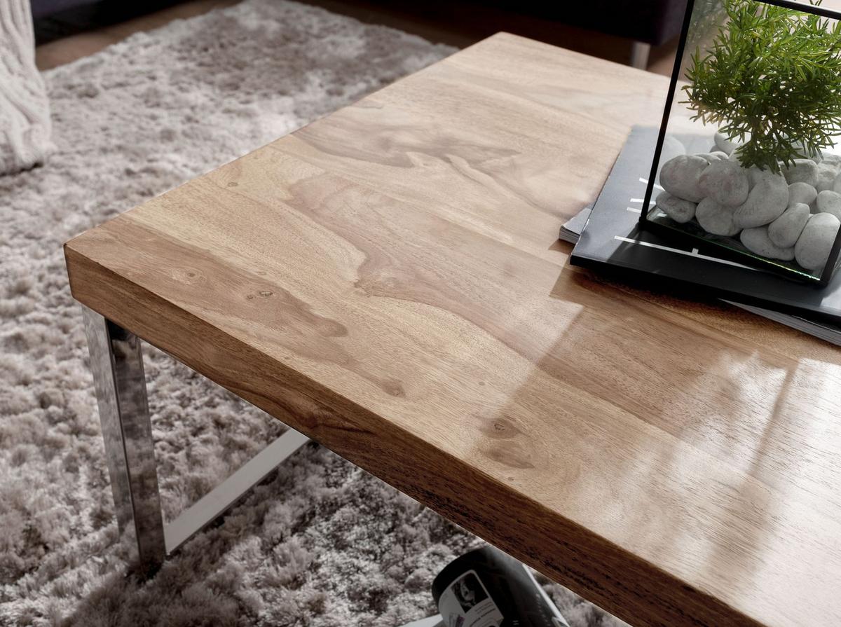 COUCHTISCH GUNA im Landhaus-Stil aus massivem Holz mit Designmerkmalen, Akazie 60x120x40 cm - Silberfarben/Akaziefarben, Holz/Metall (120/60/40cm) - KADIMA DESIGN