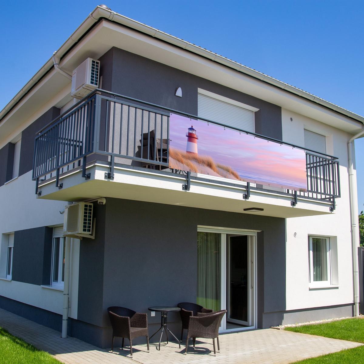 BALKON-SICHTSCHUTZ Leuchtturm - Dünen - Sonnenuntergang Windschutz 300x100 cm - Hellrosa, Kunststoff (300/100cm) - MuchoWow
