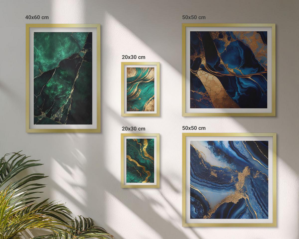 BILDER SET 5er Set - 50x50 cm & 20x30 cm & 40x60 cm Goldrahmen - Blumen, heller Hintergrund, Marmormuster - Goldfarben, Kunststoff (40/60cm) - TULUP