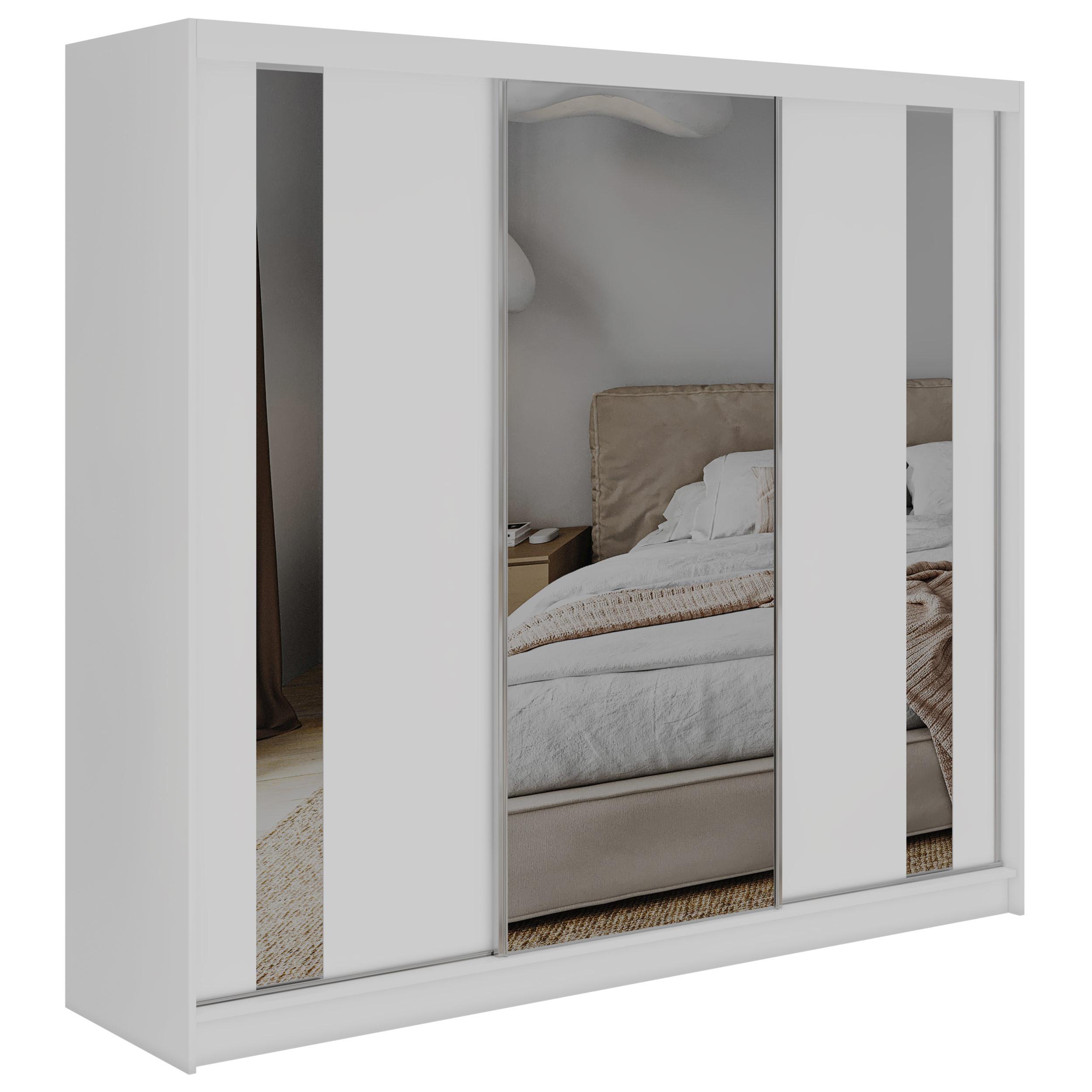 SCHWEBETÜRENSCHRANK 240 - GRECJA - Weiß mit Spiegel - Alufarben/Weiß, Holzwerkstoff/Metall (240/216/61cm) - MKS