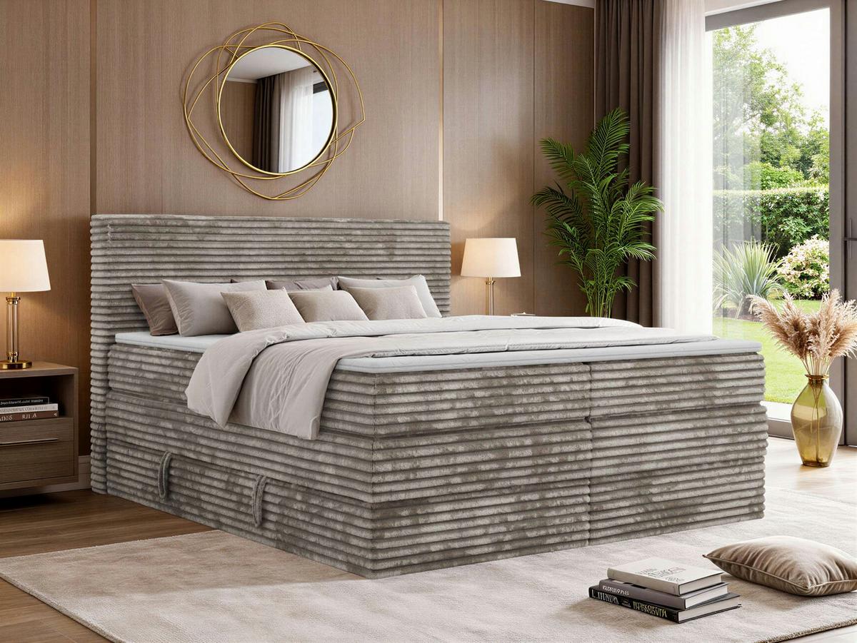 BOXSPRINGBETT TILION KING 140/200 - Hellbraun Cord - Topper Visco - H4 - Hellbraun/Schwarz, Kunststoff/Textil (140/200cm) - MKS