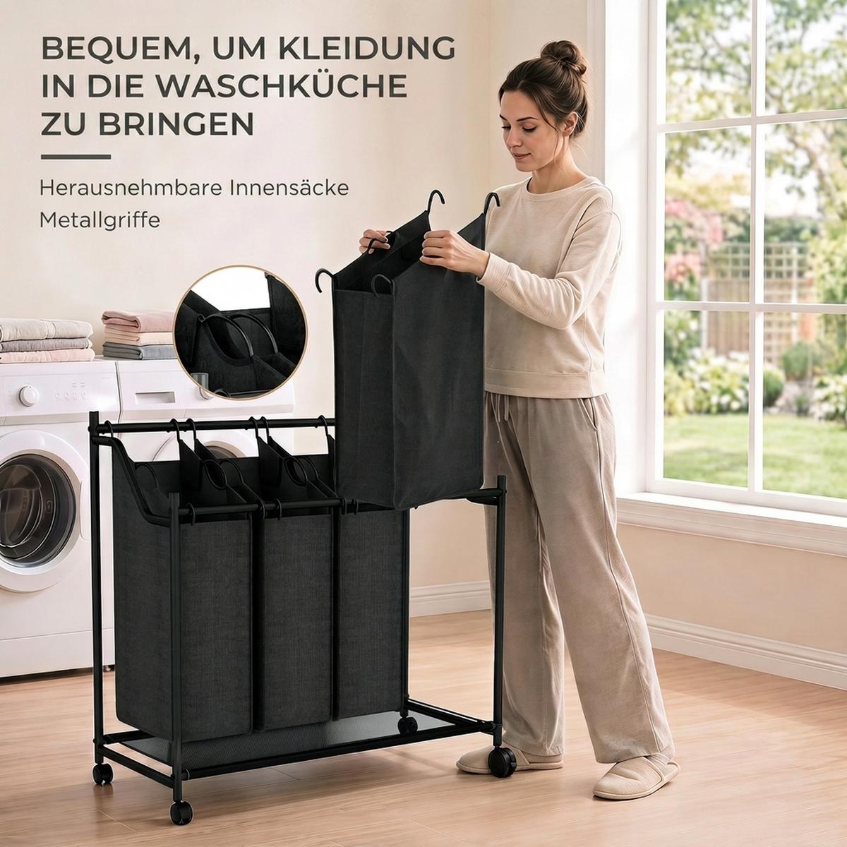 WÄSCHESAMMLER 4er Set Stahl Polyestergewebe Schwarz - Schwarz, Kunststoff/Textil (38/82/86cm) - HOMCOM