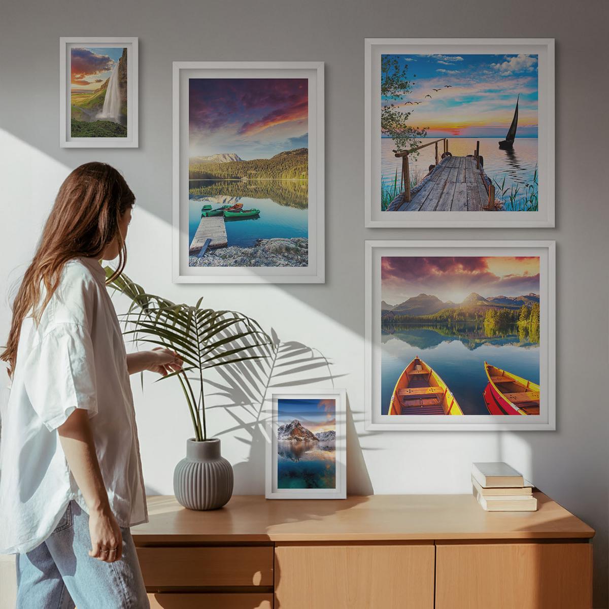 BILDER SET 5er Set - 50x50 cm & 20x30 cm & 40x60 cm Weißer Rahmen - Seen- und Berglandschaft Łódź - Weiß, Kunststoff (40/60cm) - TULUP