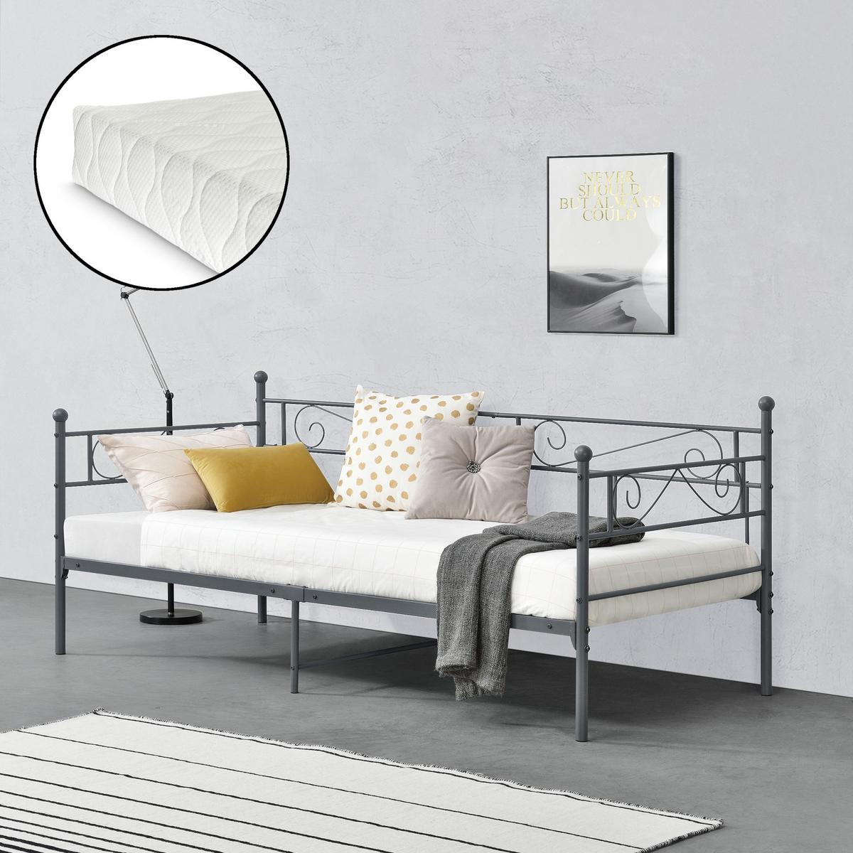 TAGESBETT Kerava mit Matratze - Dunkelgrau, Textil/Metall (90/200cm) - [en.casa]