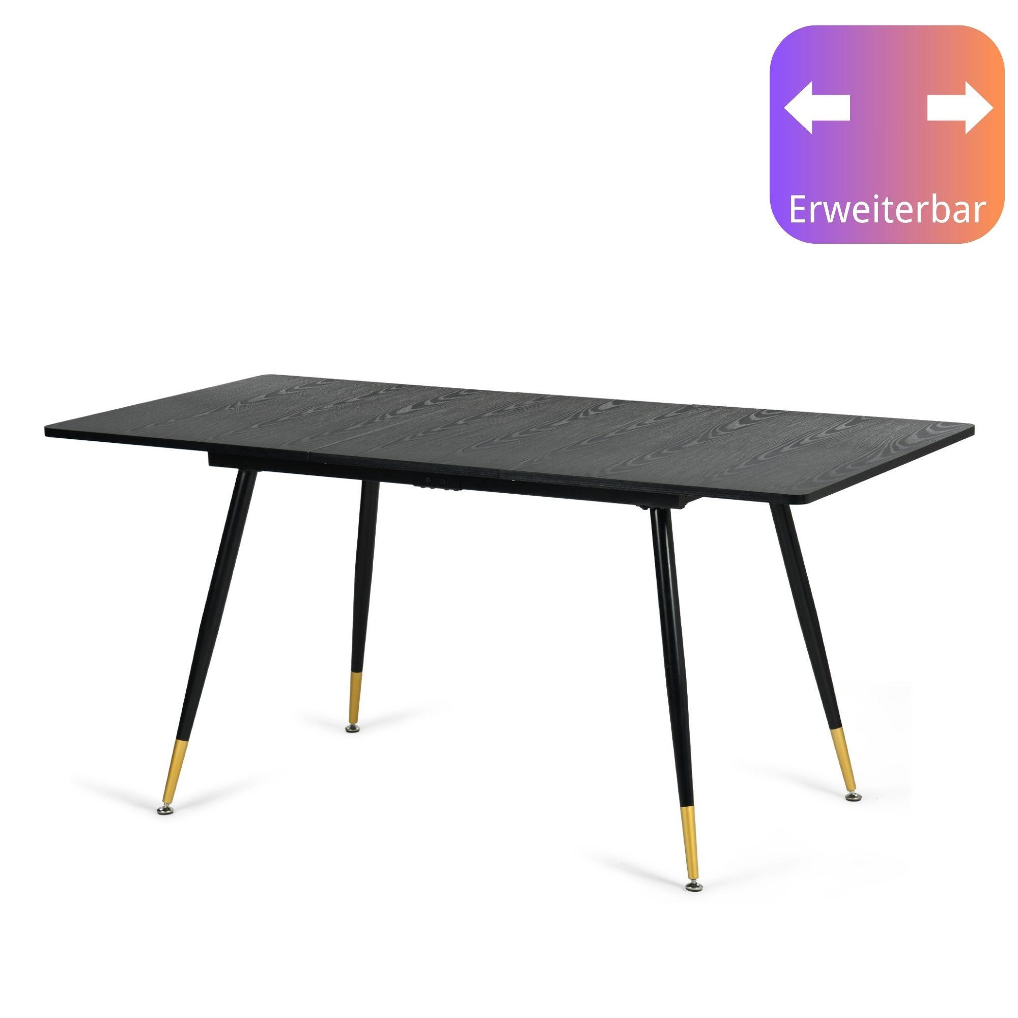 ESSTISCH Schwarz Marmormuster rechteckig ausziehbar 120-160/80/75cm - Schwarz, Holz/Metall (80/120/75cm) - Urban Meuble