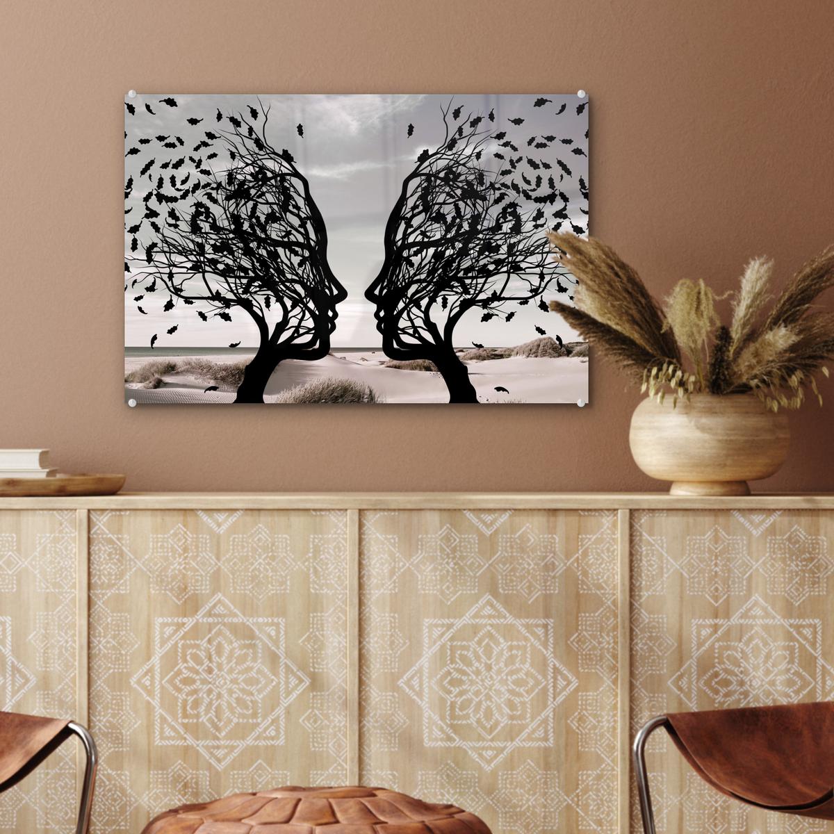 ACRYLGLASBILD Strand - Meer - Menschen - Baum - Moderne Kunst Wanddeko 60x40 cm - Hellgrau, Glas (60/40cm) - MuchoWow
