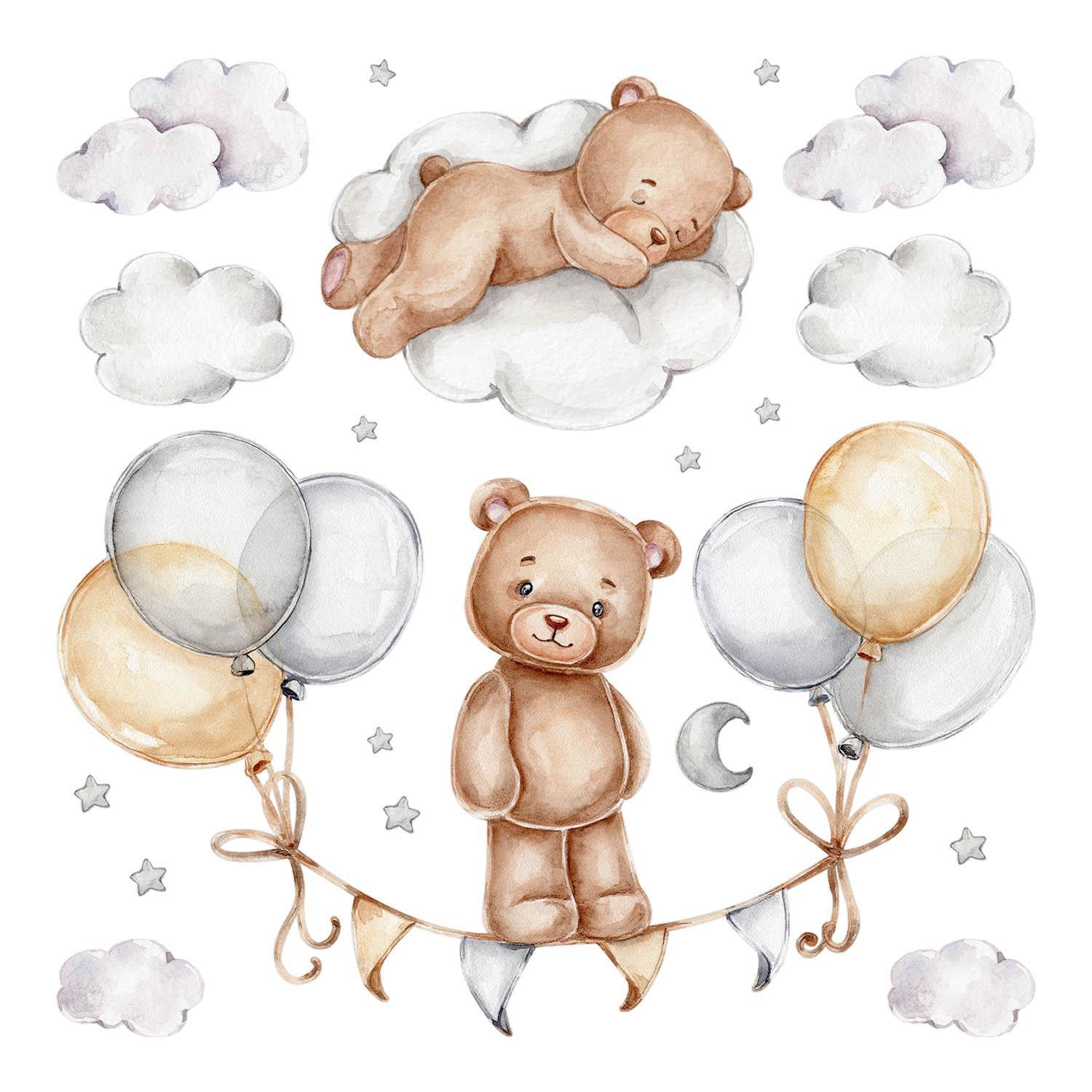 WANDAUFKLEBER 60x80cm - Aquarell-Teddybären - Multicolor, Kunststoff (60/80/0.1cm) - Wallfluent