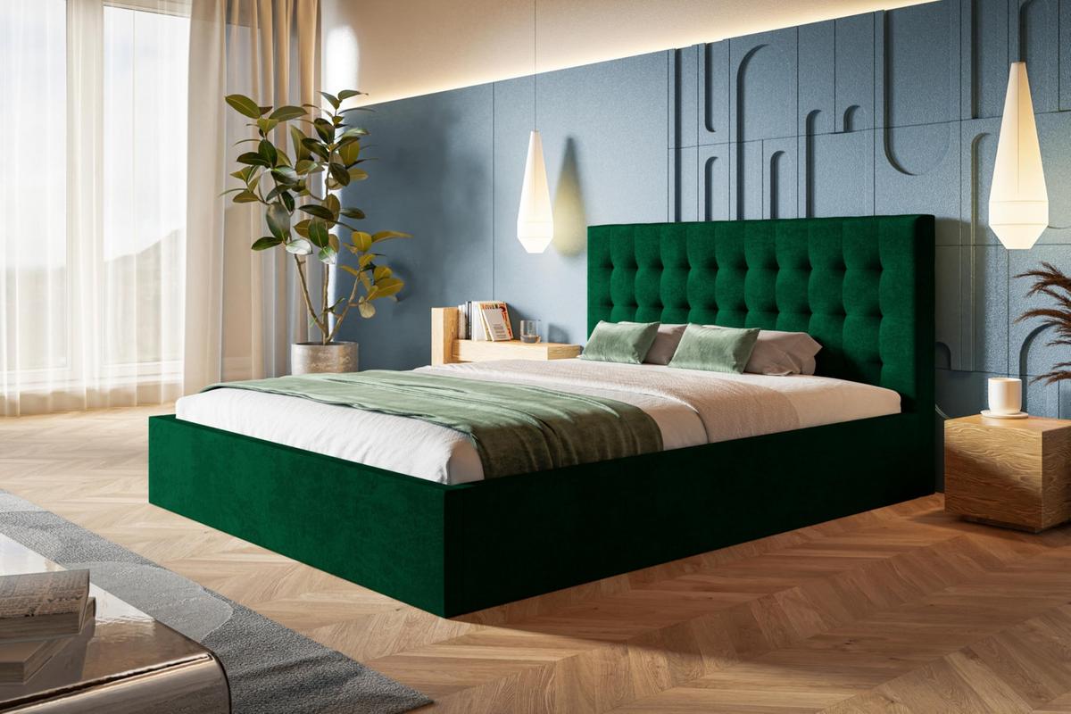 BETT 200x200 - Polsterbett mit Bettkasten und Metallrahmen - Modern Betten - Glatter Kronos-Stoff- Kollektion Rio, Grün - Grün, Holz/Textil (200/200cm) - Alpi-Möbel