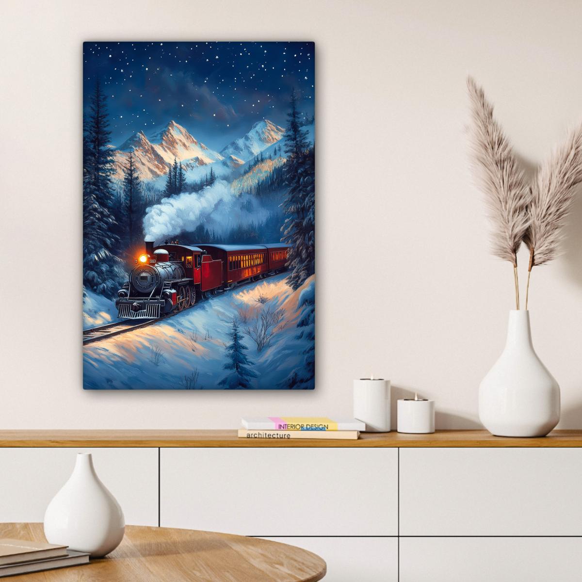 LEINWANDBILD Zug - Weihnachten - Schnee - Weihnachtszug Wanddeko Schlafzimmer 60x90 cm - Anthrazit, Textil (60/90cm) - MuchoWow