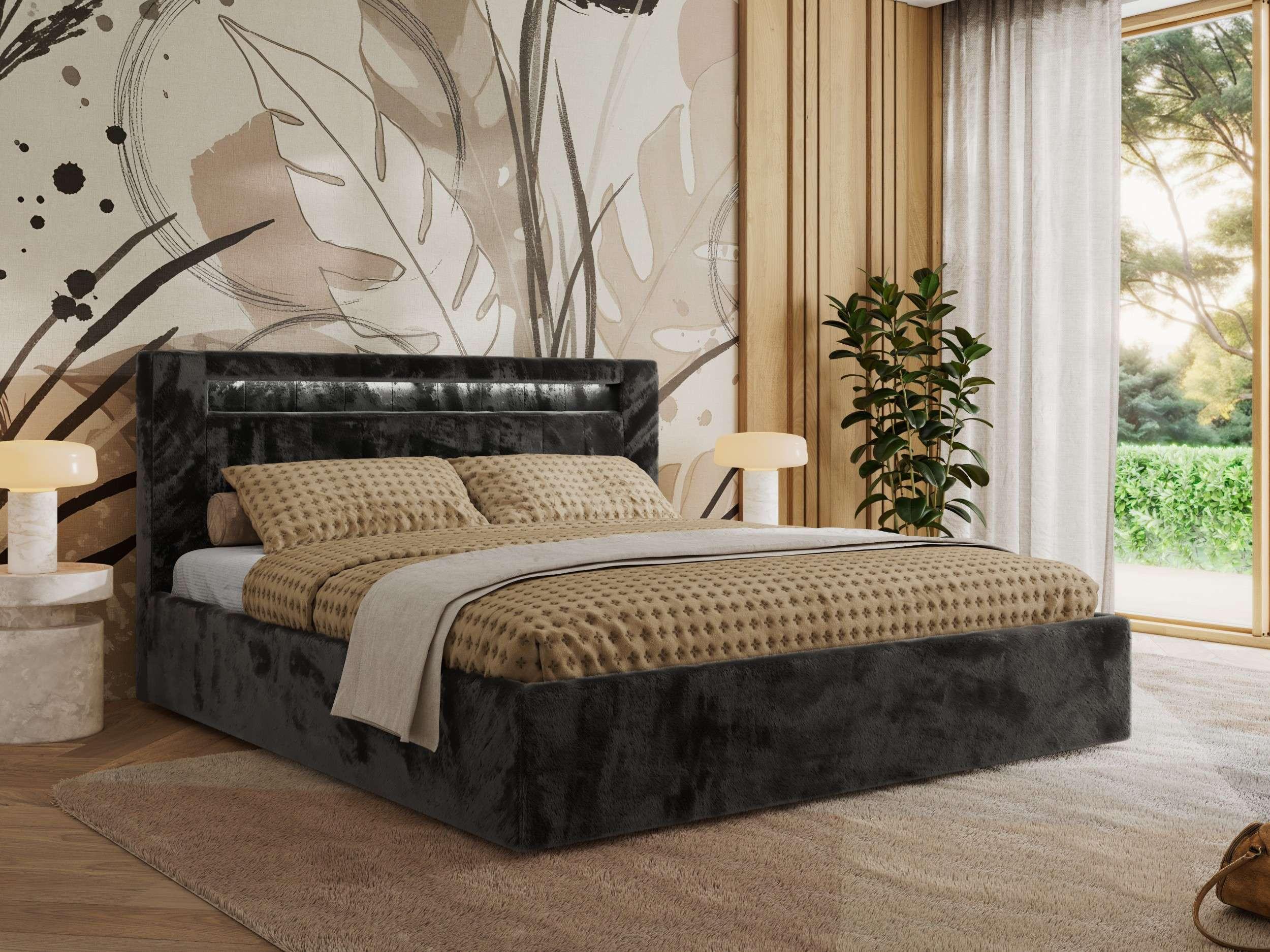 POLSTERBETT GOLD 5 CLASSIC 200/200 - Dunkelgrau Plüsch - Schaum-Matratze - Dunkelgrau, Textil (200/200cm) - MKS