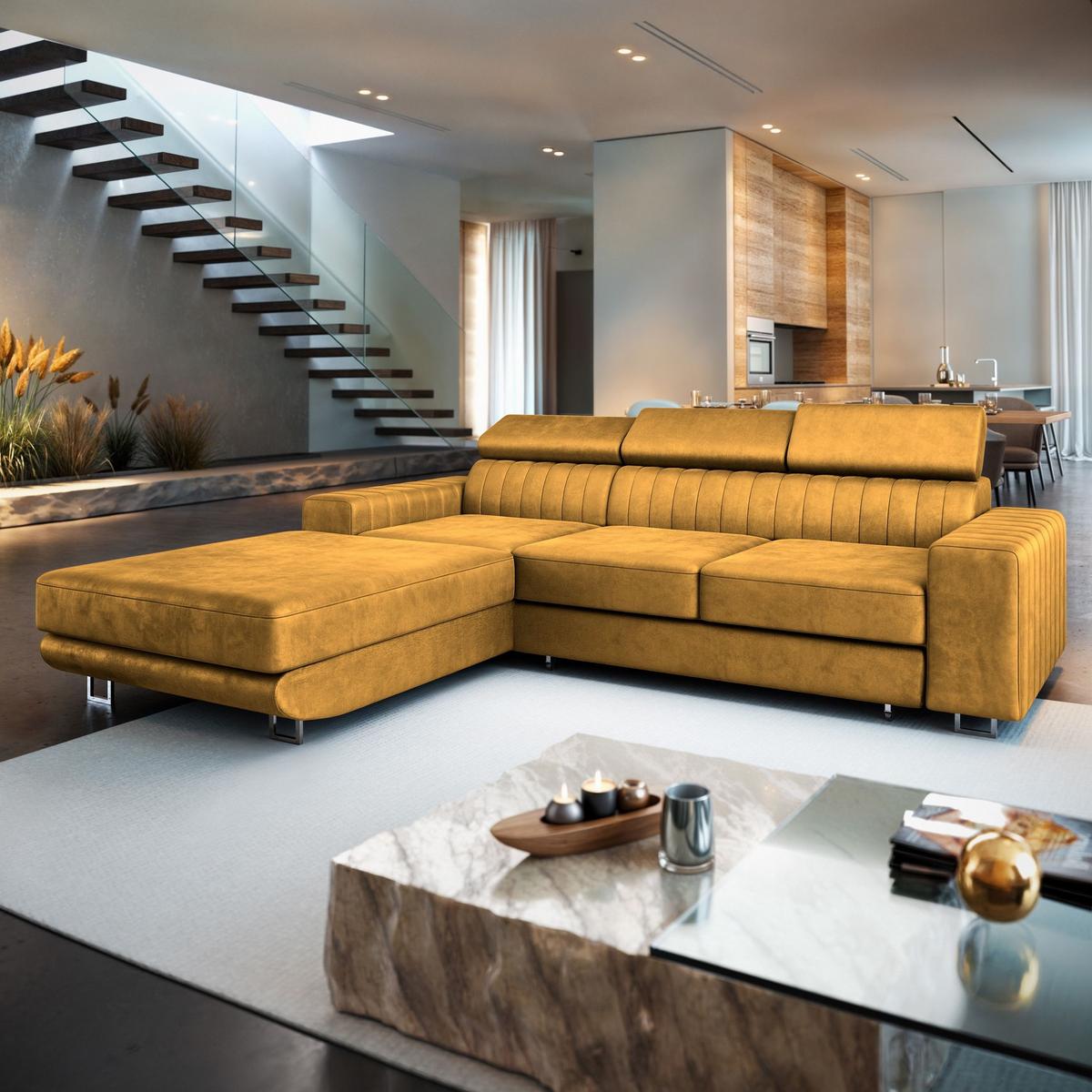 ECKSOFA NOTO L-S Gelb Velours-Stoff mit Schlaffunktion - Gelb/Silberfarben, Holz/Textil (267/190cm) - MASSENO