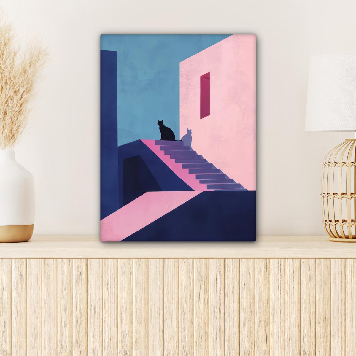 LEINWANDBILD Katze - Treppe - Gebäude - Schattenkontraste Room Decor 30x40 cm - Dunkelblau, Textil (30/40cm) - MuchoWow