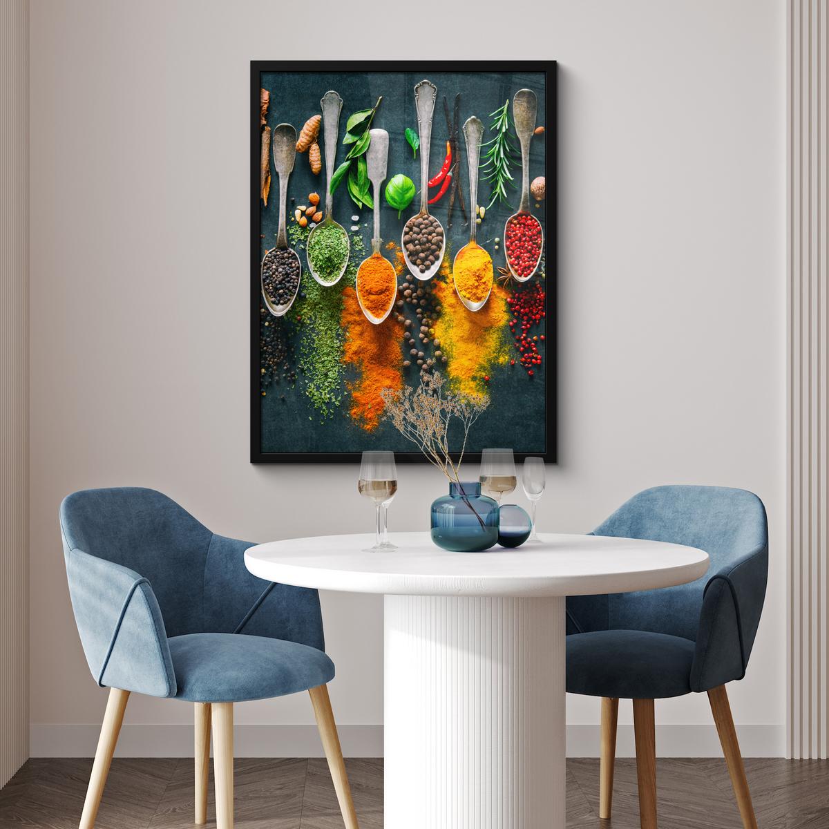 POSTER MIT RAHMENGERAHMTES BILD Kräuter - Gewürze - Löffel Posterleiste 60x80 cm - Currygelb, Papier (60/80cm) - MuchoWow