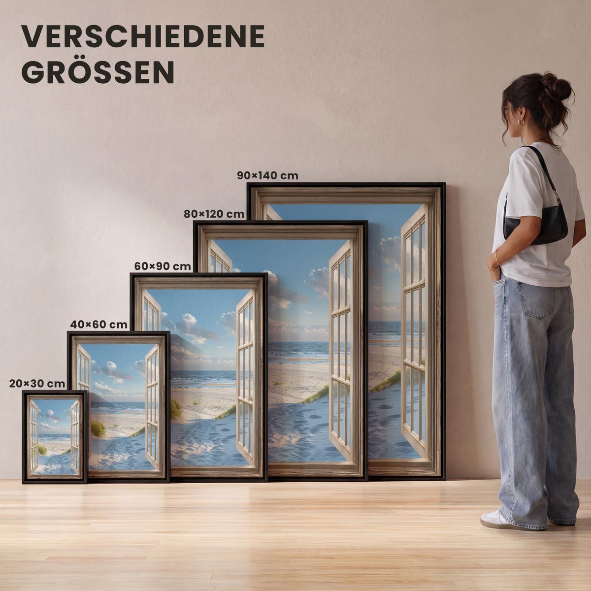 LEINWAND Bilder mit Rahmen - Aussicht - Strand - Fenster - Dünen - Meer - 40x60 - Hellblau, Textil (40/60cm) - MuchoWow