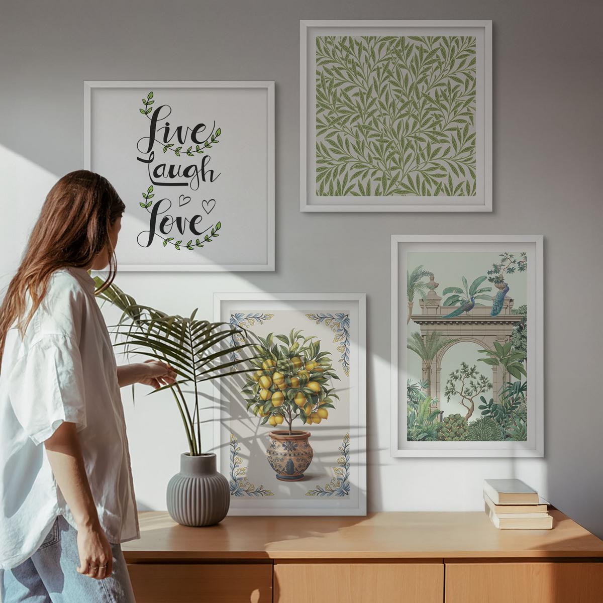 BILDER SET 4er Set - 50x50 cm & 40x60 cm Weißer Rahmen - Grüne Blätter exotischer Pflanzen - Weiß, Kunststoff (50/50cm) - TULUP